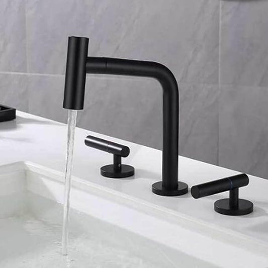 3 Hole Basin Faucets Pull Out Basin Mixer Faucet Brass 2 Mode Hot and Cold Water Double Handle Bathroom Mixer Faucet-Black