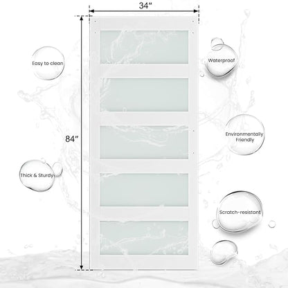 SMARTSTANDARD 34 x 84 in Glass Barn Door with 6FT Sliding Hardware Kit | Pre-Drilled Ready to Assemble, Waterproof PVC Coating, White, 5-Panel Glass