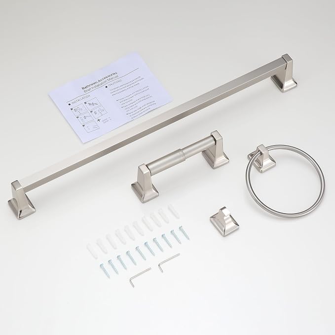 4 Pieces Bathroom Hardware Accessories Set, Stainless Steel 24 inch Towel Bar, Towel Rack, Robe Hook, Toilet Paper Holder for Bathroom Wall Mounted (Brushed Nickel)