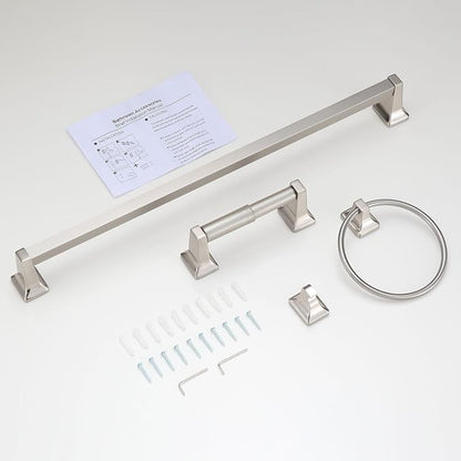 4 Pieces Bathroom Hardware Accessories Set, Stainless Steel 24 inch Towel Bar, Towel Rack, Robe Hook, Toilet Paper Holder for Bathroom Wall Mounted (Brushed Nickel)