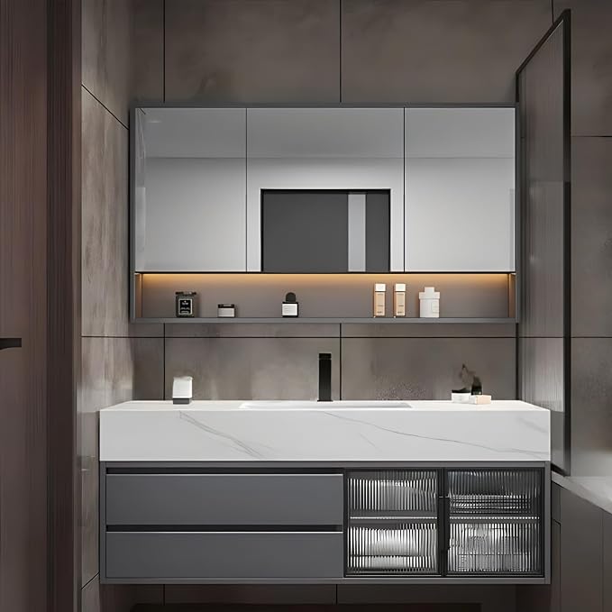 36" Floating Bathroom Vanity,Bathroom Vanity with Sink Set Includes Open LED Smart Defog Mirror Cabinet, Modern Bath Vanity with Drawers,Wall-Mounted Bathroom Vanities,Dark Grey