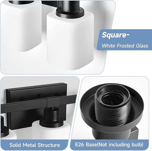 5-Light Bathroom Vanity Light, Modern Matte Black Bathroom Light Fixtures with Square Frosted Glass, Wall Sconces fixtures Over Mirror Restroom,Living Room Hallway E26