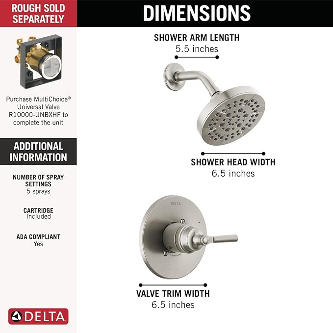 Delta Saylor 14 Series 5-Setting Shower Faucet Set, Brushed Nickel Shower Head and Handle Set, Valve Trim Kit, Stainless T14235-SS (Valve Not Included)