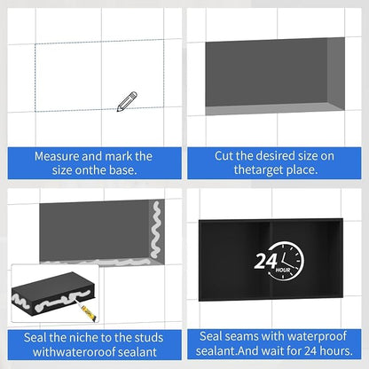 304 Stainless Steel Recessed Shower Niche 24" X 12" No Tile Needed | Waterproof Rustproof Matte Black Bathroom Niche for Shower Double Shelves, for Shower Wall &Bathroom Storage and Space Saving
