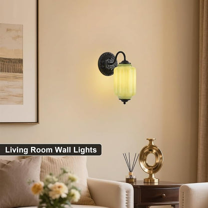 Green Glass Sconce Set of 2 Vintage Vanity Sconces Bulb Included | Green Glass Art Deco Antique Wall Sconce Wall Light for Bedroom Bathroom Living Room Entryway Antique Black and White 2 Pack