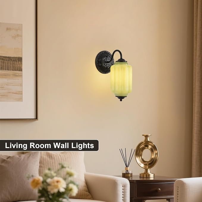 Green Glass Sconce Vintage Vanity Sconces Black, Bulb Included | Green Glass Art Deco Antique Wall Sconce Wall Light for Bedroom Bathroom Living Room Entryway Antique Black and White 1 Pack