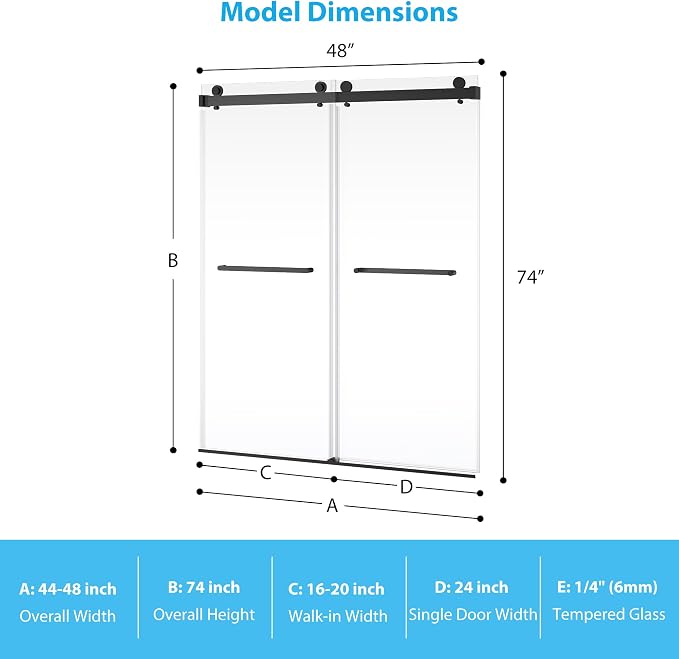 Framed Shower Door 44-48 inch W×74 inch H – Glass Shower Door, Stainless Steel Square Rail, Double Sliding Shower Glass Door, 6mm Tempered Glass, Matte Black