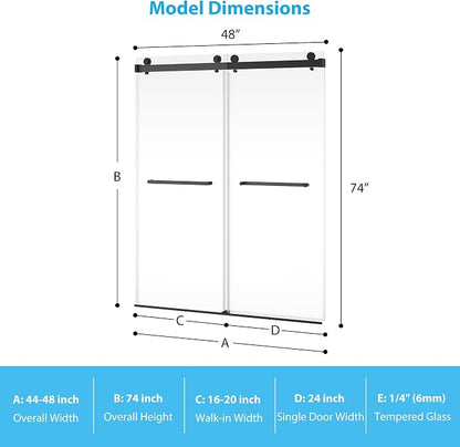 Glass Sliding Shower Doors 48 Inches,44-48" W x 74" H Frameless Double Sliding Shower Glass Door with 6mm Tempered Glass and Stainless Steel Track for Bathroom Renovation