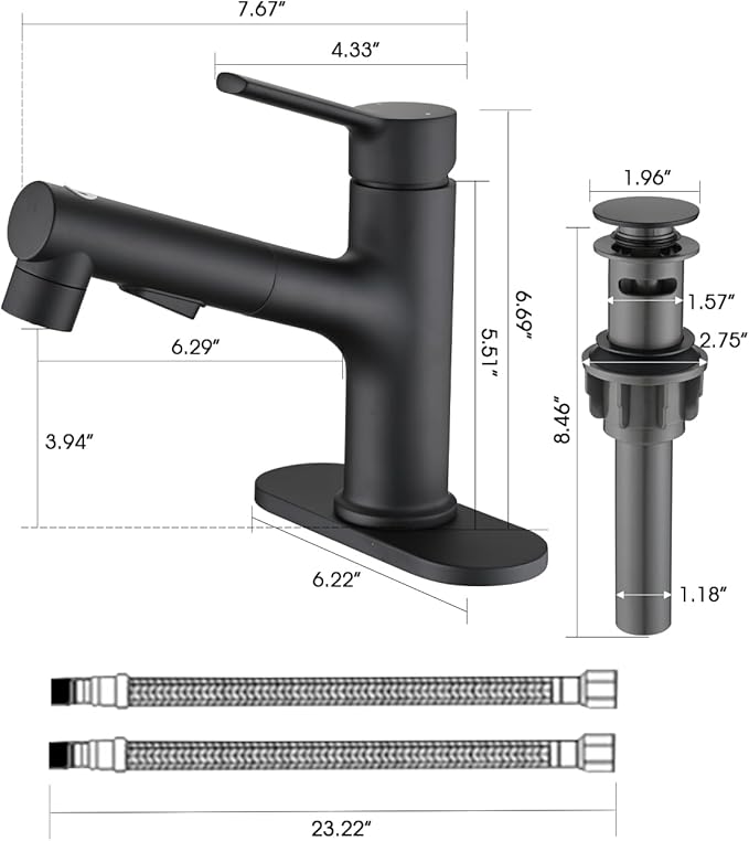Bathroom Sink Faucet with Pull Out Sprayer, Single Handle Modern Bathroom Basin Faucet with Pop-up Sink Drain Stopper & Deck Plate 1 or 4-inch Centerset 3 Hole, Matte Black