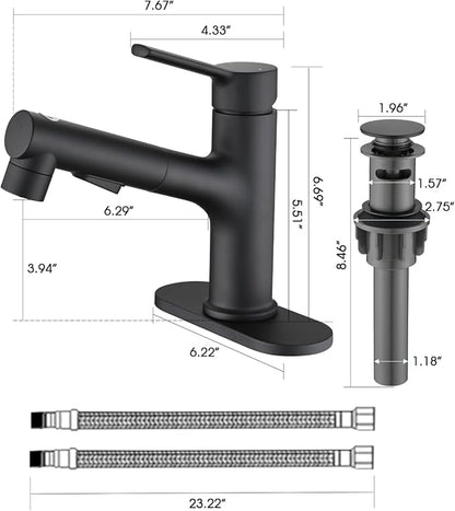 Bathroom Sink Faucet with Pull Out Sprayer, Single Handle Modern Bathroom Basin Faucet with Pop-up Sink Drain Stopper & Deck Plate 1 or 4-inch Centerset 3 Hole, Matte Black