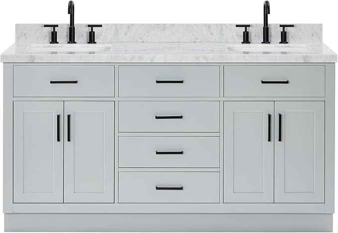 ARIEL Hepburn 66-inch Bathroom Vanity with Sink,Solid Wood, 1.5-inch Italian Carrara Marble Countertop, Double Rectangular Porcelain Sink, 4 Soft Closing Doors, 6 Dovetail Drawers, Grey