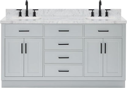 ARIEL Hepburn 66-inch Bathroom Vanity with Sink,Solid Wood, 1.5-inch Italian Carrara Marble Countertop, Double Rectangular Porcelain Sink, 4 Soft Closing Doors, 6 Dovetail Drawers, Grey