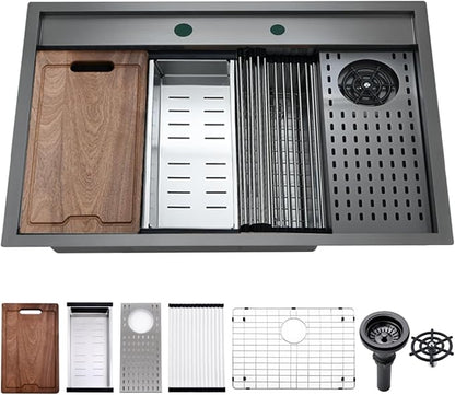 33 Inch Black Drop In Kitchen Sink Workstation with Glass Rinser -VOKIM 33x22 Drop In sink Workstation Stainless Steel 16 Gauge Deep Single Bowl Kitchen Sink with Cup Washer