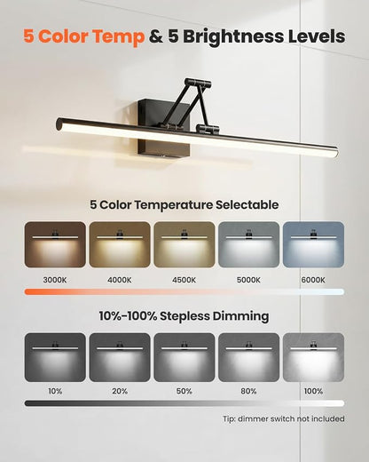 Morden Bathroom Light Fixtures,Black Vanity Lights, 360°Rotatable 24IN Vanity Fixture Over Mirror with 5CCT&Dimmable Wall Lamp, Eye-Friendly Led Bath Bar For Makeup Shaving-ETL, Ideal Gift for Holiday