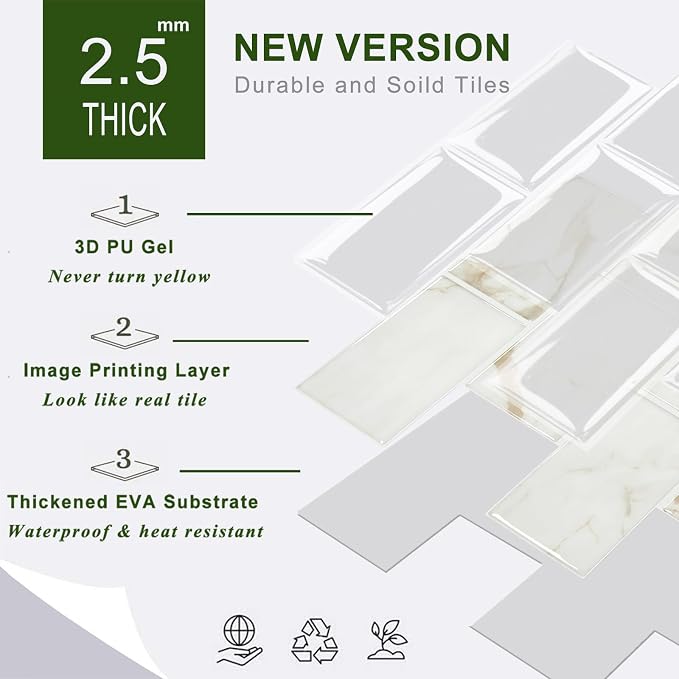 STICKGOO 10-Sheet Subway Tile Peel and Stick Backsplash, Self Adhesive Vinyl Wall Tiles, Stick on Backsplash for Kitchen and Bathroom(Thicker Design)
