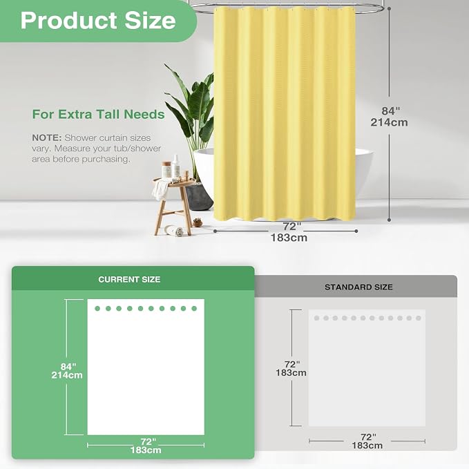 Extra Long Waffle Shower Curtain 256 GSM Fabric 72"x84" Yellow | 84 Inch Long, Thick Cloth, Weighted Hem, Water Repellent, Tall Hotel Luxury Polyester Shower Curtains for Bathroom 12 Hooks