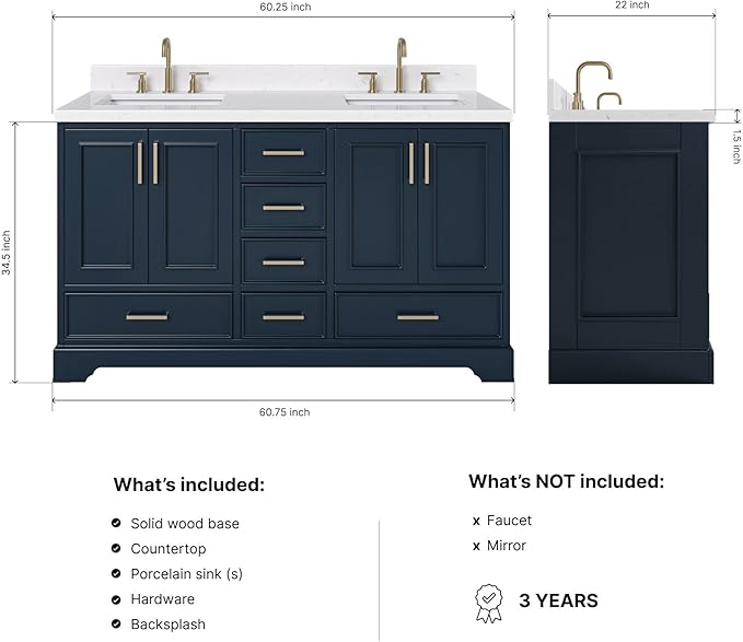 ARIEL Stafford 60-inch Bathroom Vanity with Sink,Solid Wood, 1.5-inch Carrara White Quartz Countertop, Double Rectangular Porcelain Sink, 4 Soft Closing Doors, 6 Dovetail Drawers, Midnight Blue