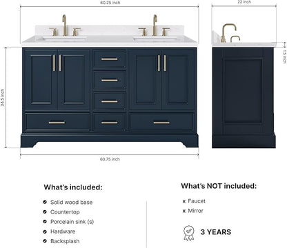 ARIEL Stafford 60-inch Bathroom Vanity with Sink,Solid Wood, 1.5-inch Carrara White Quartz Countertop, Double Rectangular Porcelain Sink, 4 Soft Closing Doors, 6 Dovetail Drawers, Midnight Blue