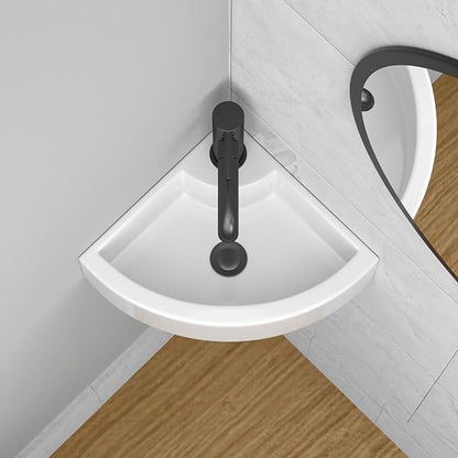 18"x 13" Wall Mount Corner Bathroom Sink White Porcelain Small Vessel Sink | Triangle Floating Wash Hand Basin Small White Porcelain Ceramic Floating Vessel Vanity Sink Wall Hung Bathroom Sink