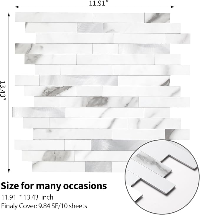 Yipscazo 2026 New Upgrade Peel and Stick Stone Metal Tile Backsplash, Stick on Tiles for Backsplash Kitchen, Bathroom (20 Sheets, Marble White Metal)