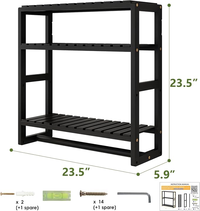 Galood Over The Toilet Storage Bathroom Shelves Wall Mounted 3 Tier Black-L | Space Saver Corner Shelf Organizer Bamboo Towel Rack Toilet Paper Cabinet with Hanging Rod