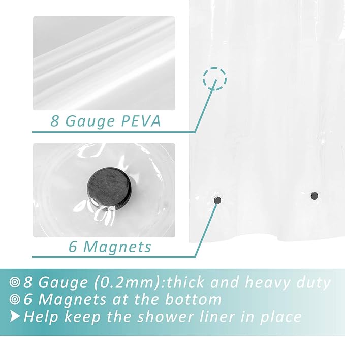 70x70 Shower Curtain Liner Clear | 6 Bottom Magnets,12 Rustproof Grommets,Water Proof Heavy Duty PEVA,70W x 70H for Bathroom