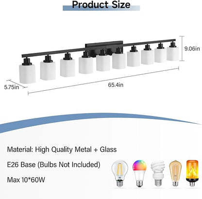 10-Light Bathroom Vanity Light,Modern Matte Black Bathroom Light Fixtures with Square Frosted Glass,64.5in Wall Sconces Over Mirror Restroom,Living Room Hallway E26