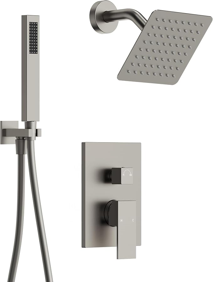 Wall Mount Shower System with Handheld Shower, Brushed Nickel | 6-inch rain head, pressure-balanced brass valve, 2-function control and included 59-inch hose
