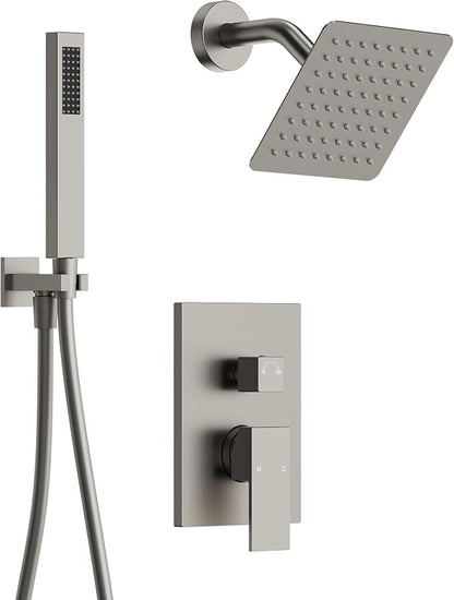 Wall Mount Shower System with Handheld Shower, Brushed Nickel | 6-inch rain head, pressure-balanced brass valve, 2-function control and included 59-inch hose