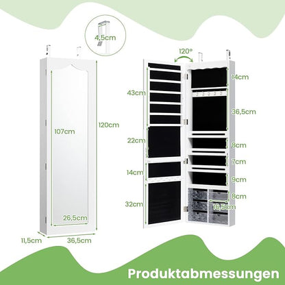 Hanging Jewellery Cabinet, Sail Cabinet with LED Lighting, Mirror and 6 Drawers, Wall Cabinet for Door and Wall Mounting, Jewellery Cabinet for Jewellery & Cosmetics Storage, White