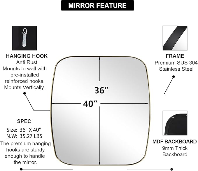 Gold Oblong Mirror, 36x40 Inch Gold Oval Mirror for Bathroom with Stainless Steel Metal Frame, Wall Mouned for Bathroom, Living Room, Entryway