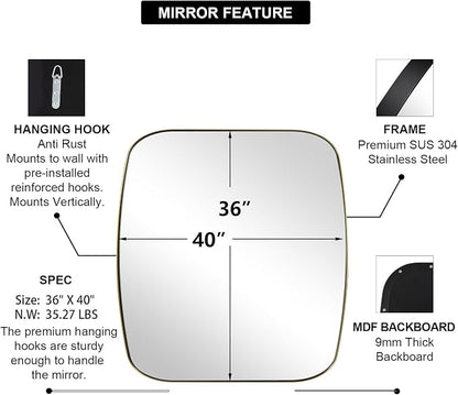 Gold Oblong Mirror, 36x40 Inch Gold Oval Mirror for Bathroom with Stainless Steel Metal Frame, Wall Mouned for Bathroom, Living Room, Entryway