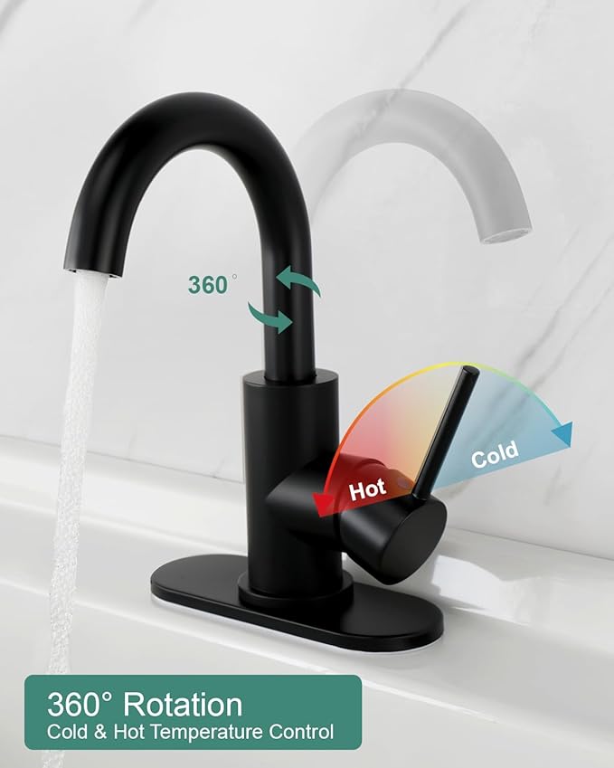 RKF Single-Handle Bathroom Sink Faucet, Swivel Spout, with Pop-up Drain with Overflow and Supply Hose,Bar Sink Faucet,Small Kitchen Faucet Tap,Matte Black,BF3501P-MB