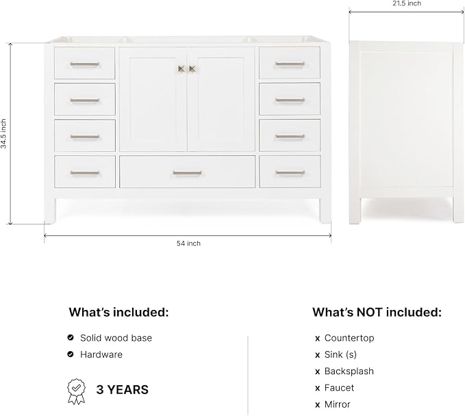 ARIEL Cambridge 54-inch Bathroom Vanity Base Cabinet,Solid Wood, 2 Soft Closing Doors, 9 Dovetail Drawers, White