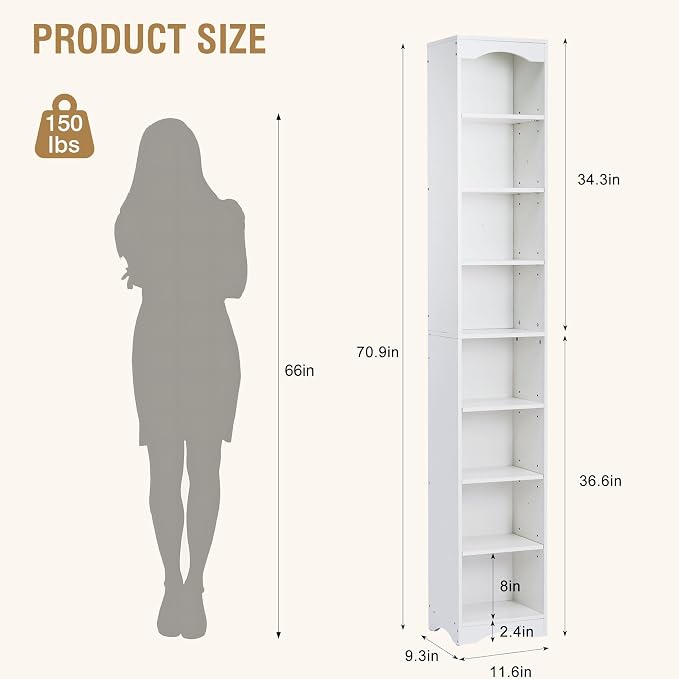 VECELO Curved Top Narrow Tall Bookshelf, 6 Adjustable Movable Shelves, Wood Space Saving Corner Storage Organizer, Pearl White