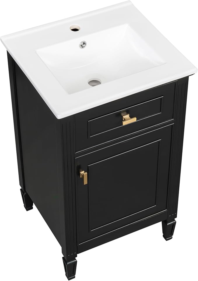 GDFStudio Hawthorne 20" Modern Bathroom Vanity with Sink, Freestanding Bathroom Vanity Organizer with Tilt Out Drawer, Adjustable Shelf and Solid Wood Legs, Single Sink Bathroom Vanity, Black