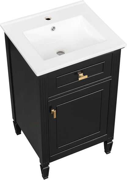 GDFStudio Hawthorne 20" Modern Bathroom Vanity with Sink, Freestanding Bathroom Vanity Organizer with Tilt Out Drawer, Adjustable Shelf and Solid Wood Legs, Single Sink Bathroom Vanity, Black