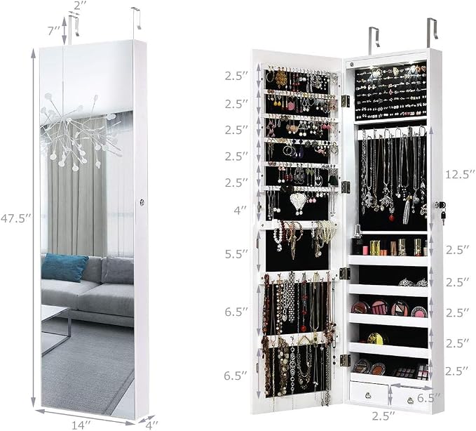 Byroce 47.5''H Jewelry Armoire, Over the Door/Wall Mounted, Full Length Mirror with Jewelry Storage, 2-LED Lockable Jewelry Cabinet with 2 Drawers, Hanging Jewelry Organizer for Bedroom (White)