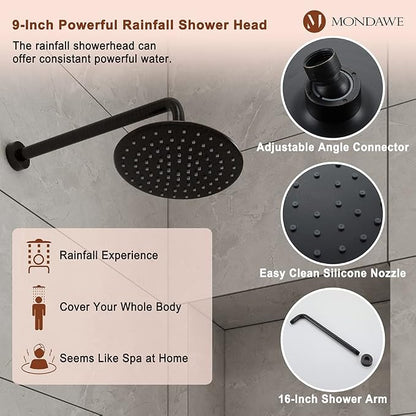 MONDAWE 9 Inch Wall Mounted Shower Faucet Set in Oil Rubbed Bronze, Rainfall Shower Head with 3-Setting Handheld Spray Shower Set Combo, High Pressure Shower System with Solid Brass Valve