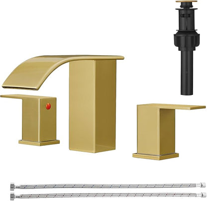 RUMOSE 8 inch Bathroom Faucets Set Brushed Gold Bathroom Sink Faucet 3 Hole with Pop Up Drain Widespread 2 Handles Stainless Steel Lavatory Vanity Faucet Waterfall Spout Deck Mounted