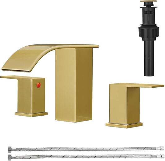 RUMOSE 8 inch Bathroom Faucets Set Brushed Gold Bathroom Sink Faucet 3 Hole with Pop Up Drain Widespread 2 Handles Stainless Steel Lavatory Vanity Faucet Waterfall Spout Deck Mounted