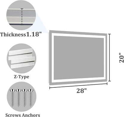 Koonmi 28x20 LED Bathroom Mirror, Shatterproof Mirror with Light | 90CRI Vanity Mirror with Anti-fog Backlit + Front Lit, 3 Color, Easy Install for Bathroom Hotel (IP65)