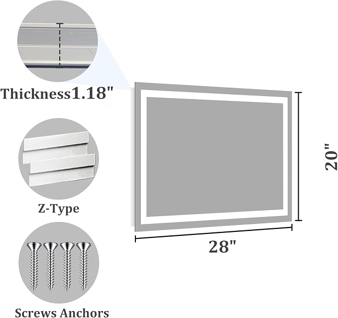 Koonmi 28x20 LED Bathroom Mirror with Light, Anti-Fog, 3 Colors | Backlit + Front Lit, Dimmable Brightness, Shatterproof HD Distortion-Free Tempered Glass, Hardware Included