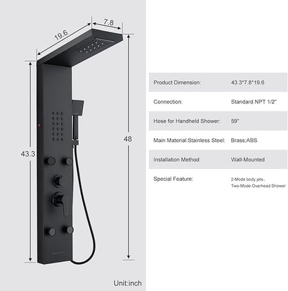 POPFLY Shower Panel Tower System, LED Rainfall & Waterfall Shower Head with Body Jets, Handheld Shower & Tub Spout, Matt Black Stainless Steel Wall-Mounted Bathroom Shower Column Tower