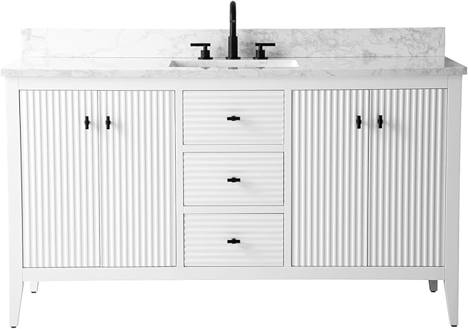 Vanity Art 60 inch Bathroom Vanity with Single Sink & Ceramic Top, Vanity Cabinet with Soft-Closing Door, Solid Wood Frame, Linear Pattern, White, VA9160-SW-MB,Matte Black Handles
