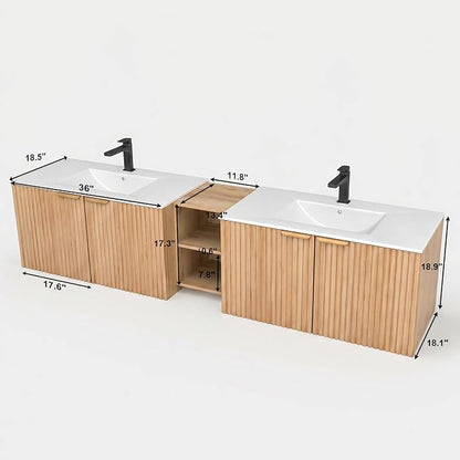 84 Inch Floating Bathroom Vanity with Double Sink, Bathroom Double Sink Cabinet with Soft Close Door Waterproof Storage, Wood Color
