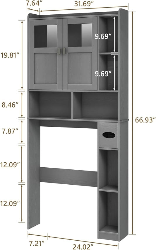 Vabches Over The Toilet Storage Cabinet, Bathroom Shelf Over Toilet with Glass Doors and Adjustable Shelves, Natural Grey Freestanding Home Space Save Toilet Rack, for Restroom, Bathroom, Laundry