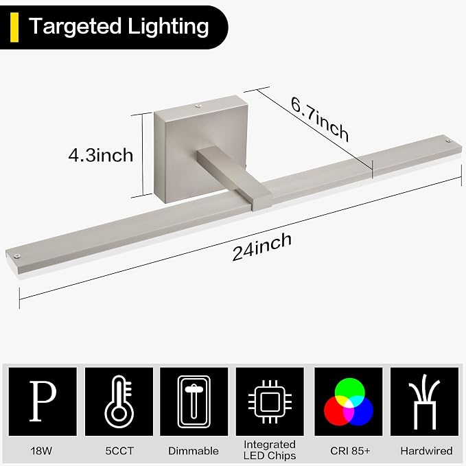 24 Inch Bathroom Light Fixtures Over Mirror Brushed Nickel Arm Design Wide LED Vanity Bar 5CCT 2900K 6000K 18W 1440lm