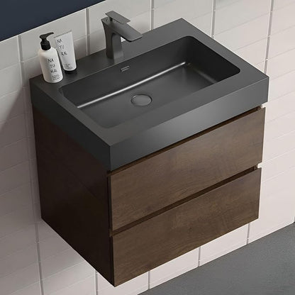 24" Floating Bathroom Vanity with Black Sink, Modern Bathroom Cabinet with Top and Soft Close Drawers, Spacious Storage for Small Space, Walnut - Lavanda Collection