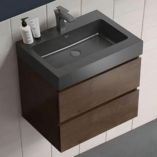 24" Floating Bathroom Vanity with Black Sink, Modern Bathroom Cabinet with Top and Soft Close Drawers, Spacious Storage for Small Space, Walnut - Lavanda Collection